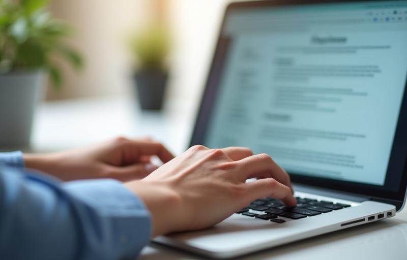 Person typing on a laptop with a resume document visible, symbolizing the online application process for Foco Total Foto e Video.