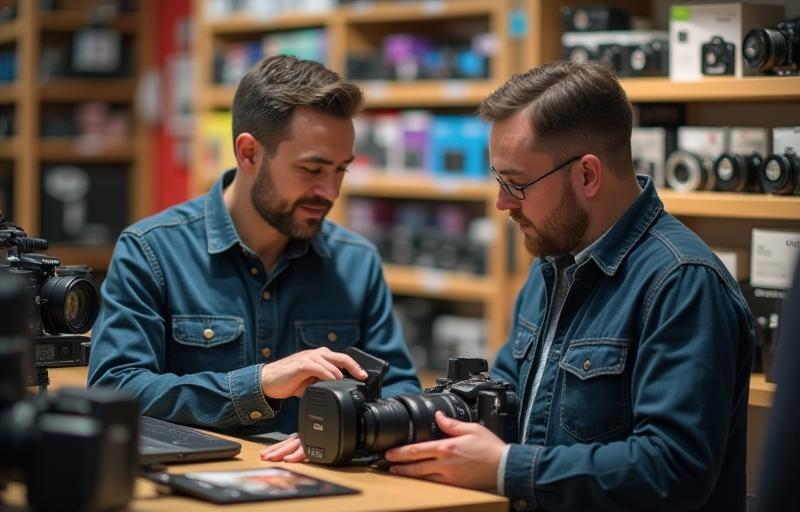 Employees discussing photography equipment in a bright retail store setting at Foco Total Foto & Video.