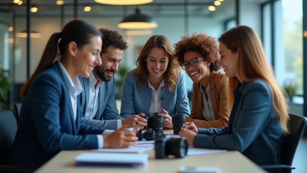 Diverse team collaborating around photography equipment in a modern office environment at Foco Total Foto & Video.