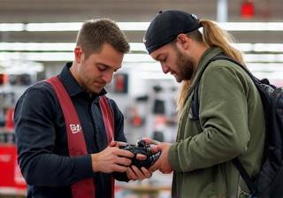 An employee helping a customer with a camera in the store.