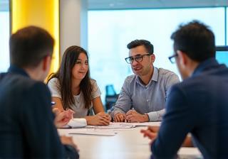 Employees having a discussion in a bright office setting.