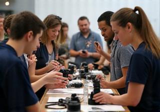 Employees assisting participants during a photography workshop.
